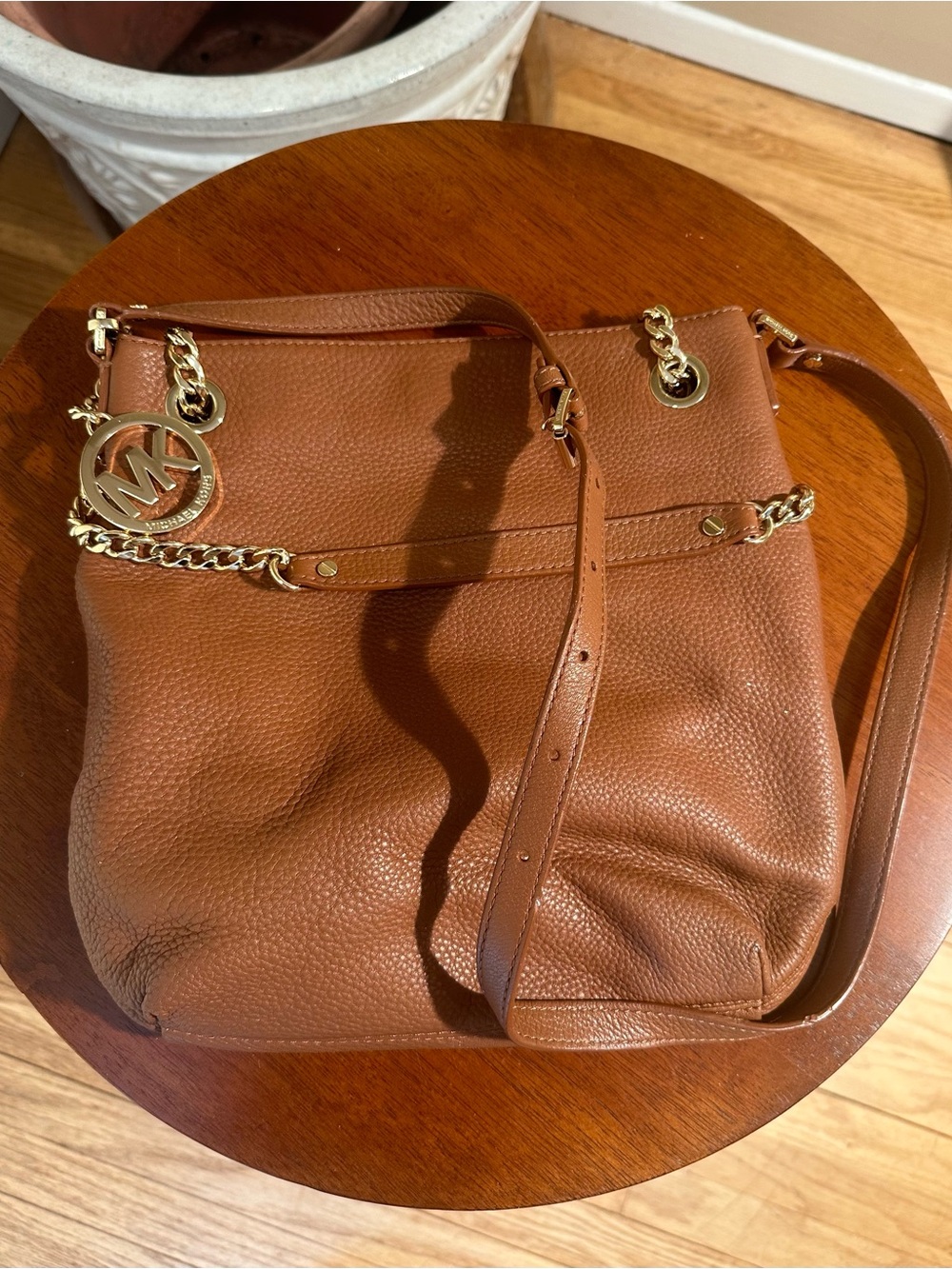 Michael Kors Cognac Pebbled Leather Shoulder Bag with Gold Chain